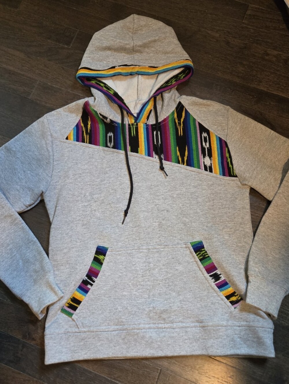 Gray Hoodie w/ Multicolor Cultural Guatemalan , Aztec Accent Fabric - SZ Small